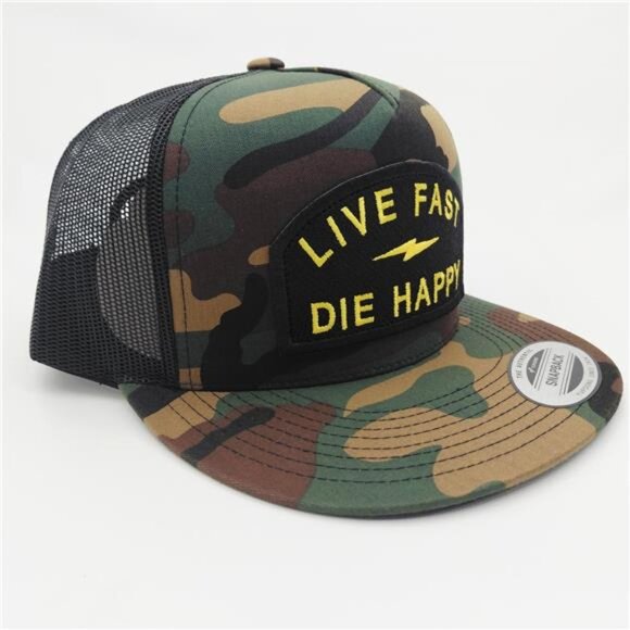 Live Fast Die Happy Trucker Hat Snapback Camo Black Flat Bill Cap Mesh Back New main image 4